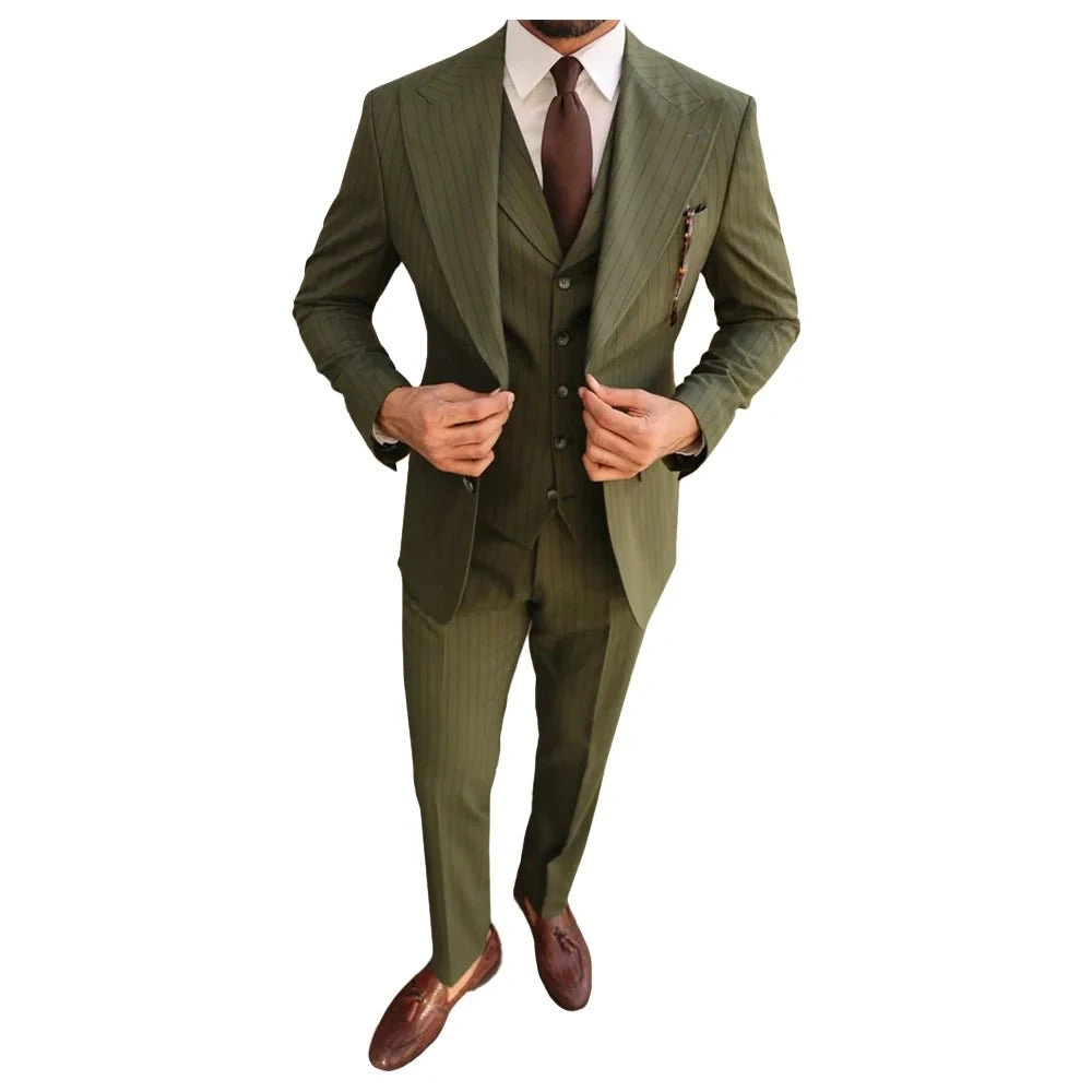 “Stijlvolle Khaki-Groene Gestreepte Herenpak - Perfect voor een Formele Look!”