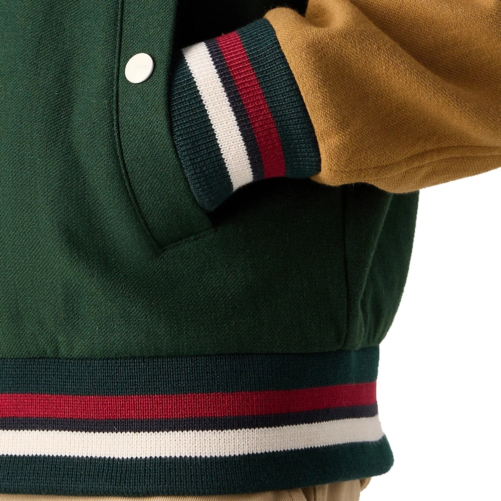 "Stijlvolle Aaron Wool Varsity Jas - Donkergroen met Cognac Accenten, Perfect voor Heren!"